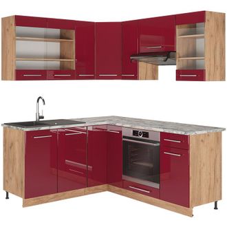 Vicco Cocina Esquinera Fame-line, Burdeos Brillo Intenso/roble Dorado, 160 X 60 Cm Sin Encimera