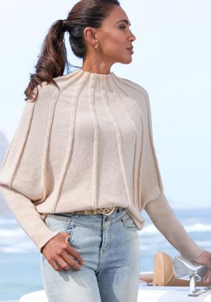 Lascana Strickpullover LASCANA, Damen, Gr. 32/34, beige, Strick, Obermaterial: 100% Polyester, unifarben, figurumspielend, Fledermaus&auml;rmel, Pullover Strickpul