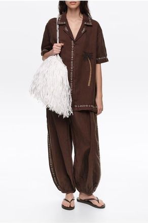 Bimba & Lola Linen Palm Tree Embroidered Shirt in Brown at Nordstrom, Size X-Small