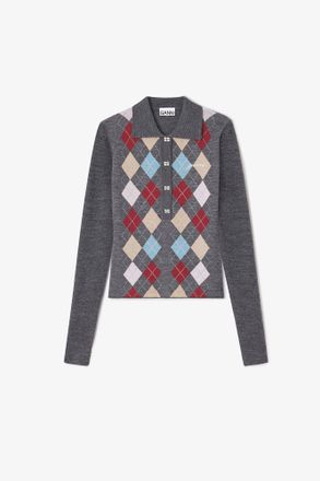 Ganni Grey Dark Knitted Polo Shirt - Size XS Merino Wool