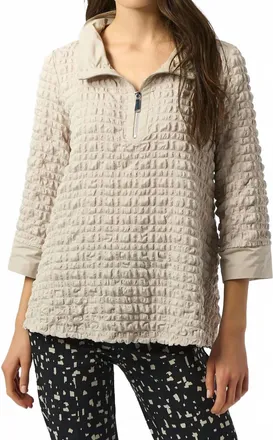 Joseph Ribkoff Bubble Textured Zipped Mock Collar 3/4 Sleeve Top In Moonstone