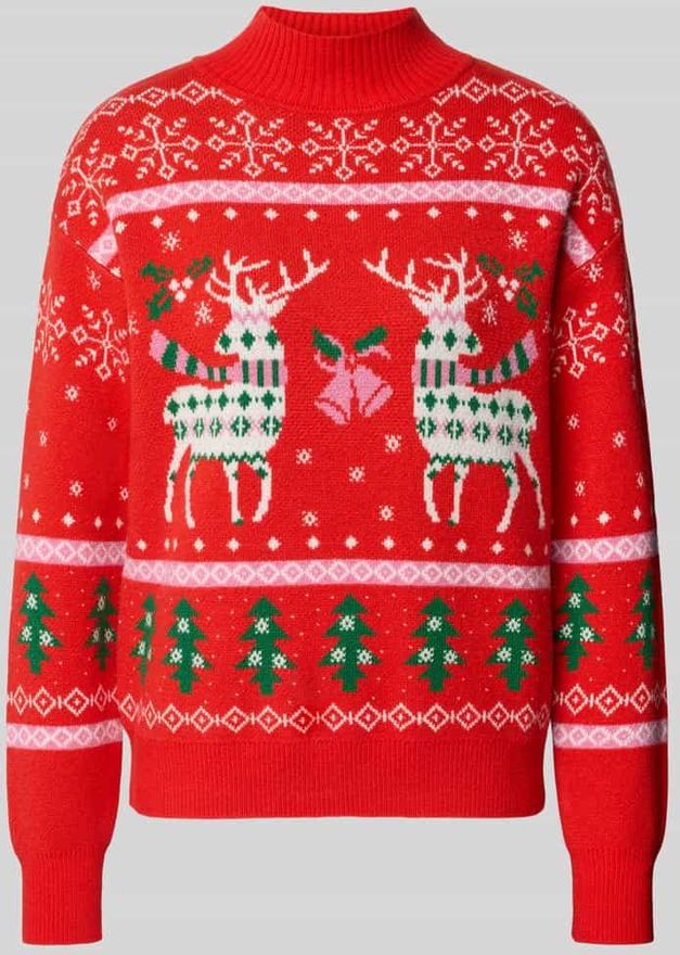 Weihnachtspullover mit gerippten Abschl&uuml;ssen in Hellrot, Gr&ouml;&szlig;e XL