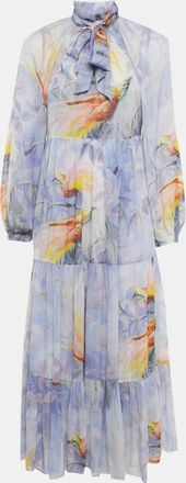 Zimmermann Purple Floral Print Crepe Self Tie Stand Collar Dress