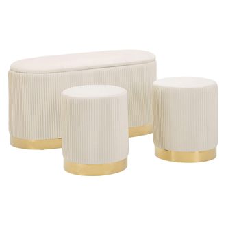 Dmora Panca Soroti, Con Dos Taburetes, Banco Almacenamiento, Estructura Met&aacute;lica, Asiento Blanco, 80x37x42h Cm Blanco Crema