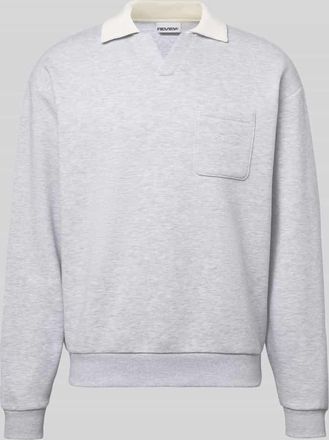 Review Sweatshirt mit Kontrastkragen und Brusttasche mit Logo-Bestickung in Hellgrau Melange, Gr&ouml;&szlig;e XXL