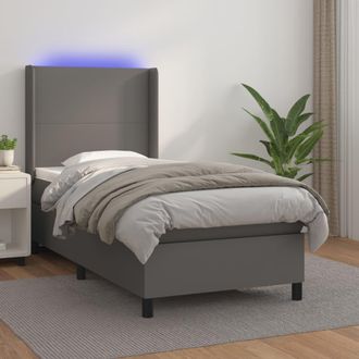 vidaXL Vidaxl - Cama Box Spring Colch&oacute;n Y Led Cuero Sint&eacute;tico Gris 100x200 Cm