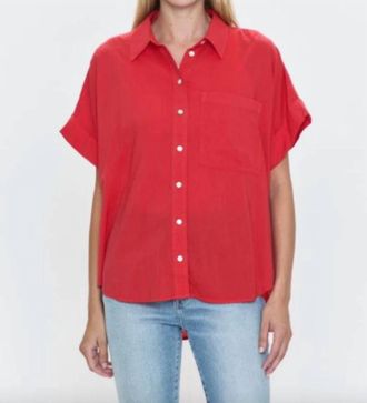 Pistola Denim Donnie Short Sleeve Button Up Top In Ruby Red