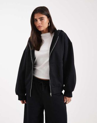 Asos Felpa premium pesante nera 500 gsm con cappuccio e chiusura con zip-Nero