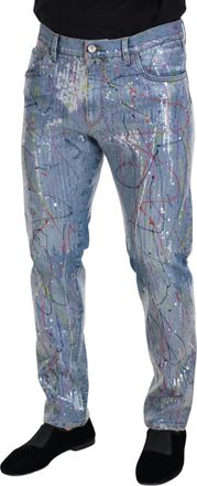 Dolce & Gabbana Mens Blue Cotton Splash Print Denim Jeans Clothing