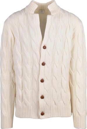 Eleventy White Cable-Knit Button-Front Cashmere Cardigan
