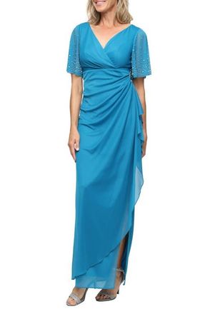 Alex Evenings Imitation Pearl & Rhinestone Embellished Empire Waist Gown in Mallard at Nordstrom, Size 12