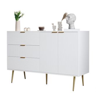 STILVORA Aparador Con 2 Puertas, 3 Cajones Y Estantes Interiores, Relieve Ondulado, Estilo Moderno, En Mdf, Blanco+oro, 120&times;38&times;80,5 Cm
