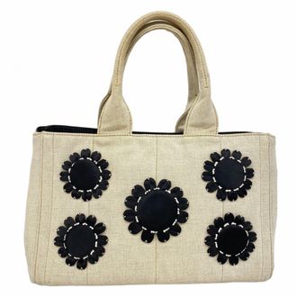 Prada Beige Black Canvas Satin Tote Bag (Pre-Owned)