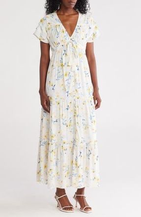 Lovestitch Floral Flutter Sleeve Button Front Tiered Maxi Dress in Cream/Yellow at Nordstrom Rack, Size X-Small