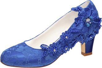 Emily Bridalwear Wedding Shoes Womens Silk Like Satin Chunky Heel Pumps with Stitching Lace Flower Crystal Pearl (EU42/UK8.5, Blue)