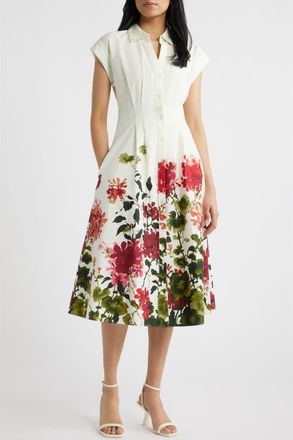 Julia Jordan Floral Placement Pleated Stretch Cotton Midi Shirtdress in Ivory Multi at Nordstrom, Size 14