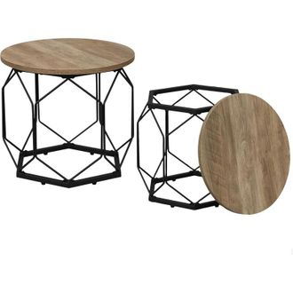 Woltu Woltu - Set di 2 tavolini rotondi con Piano Rimovibile in Legno e Metallo, Legno Grigio