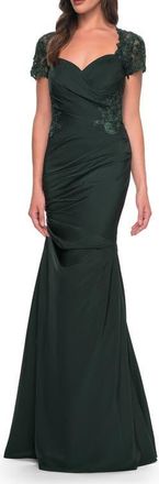 La Femme Satin Evening Dress with Lace and Scoop Neckline in Dark Emerald at Nordstrom, Size 10