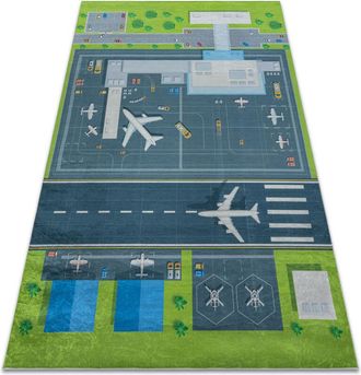 RugsX Alfombra Lavable Bambino 46990 Aeropuerto, Aviones Para Ni&ntilde;os Antideslizante - Verde / Gris Green 140x200 Cm
