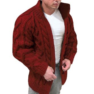 Generic Mens Knitted Jumper Thick Warm Knitted Sweater Jacket Cable Knit Cardigan Chunky Stand Collor Button Down Knitwear Autumn Winter Casual Warm Sweater C