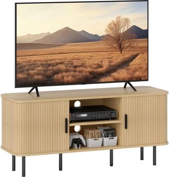HOMCOM Homcom - Mueble de tv vintage con 2 puertas correderas de tambor 2 estantes abiertos mueble para televisores de 55 pulgadas 120x40x55 cm roble