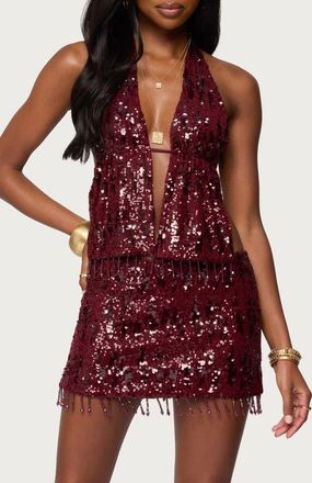 Edikted Dalis Fringe Sequin Halter Top in Burgundy at Nordstrom, Size X-Large