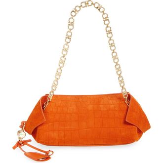 Ferragamo Gancini Chain Folded Croc Embossed Suede Shoulder Bag in Light Siena at Nordstrom