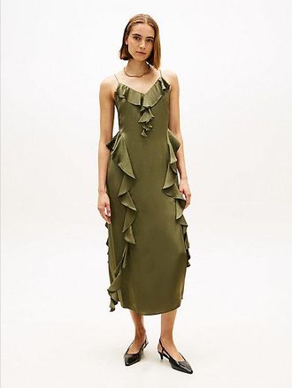 Tommy Hilfiger Vestido lencero largo de sat&eacute;n con volantes