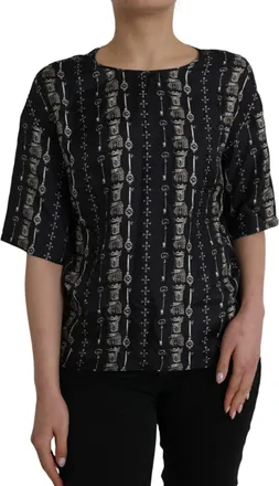 Dolce & Gabbana Womens Black Key Castle Print Silk Blouse T-Shirt