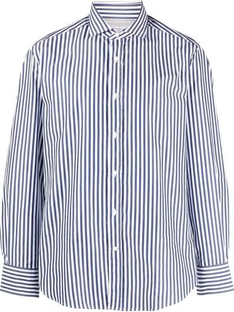 Brunello Cucinelli Mens Blue White Striped Cotton Shirt, Size S