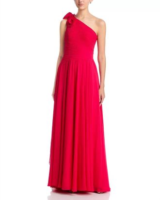 Teri Jon One Shoulder Chiffon Trim Gown In Fuchsia