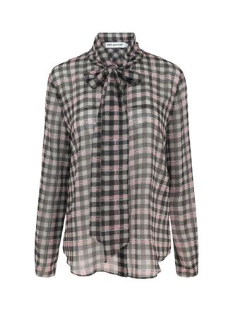 Self Portrait Check Chiffon with Pussy-Bow Blouse - Brown