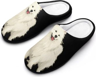 Generic Fluffy Spitz Dog Mens Warm Slippers Non-Slip Sole Winter Rubber Cotton Shoes for Bedroom
