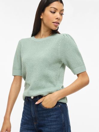 Vila Kurzarmpullover VILA VIDALO O-NECK S/S KNIT TOP - NOOS, Damen, Gr. XXL, blau surf, Strick, Obermaterial: 100% Baumwolle, unifarben, regular fit normal