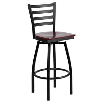 Flash Furniture Black Ladder Back Swivel Metal Barstool - Mahogany Wood Seat