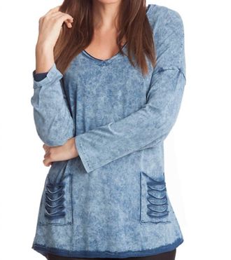 Angel Stonewash V-Neck Cut Out Pocket Top In Light Blue