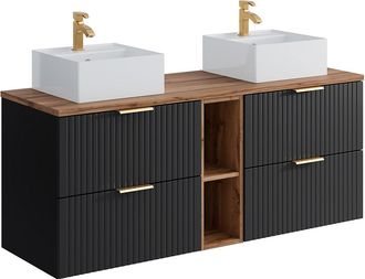 Vente-Unique Mueble de baño suspendido con estantes y lavabo cuadrado sobre encimera - Negro y natural claro - L140 cm - ZEVARA