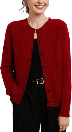 Dissa Women Cashmere Cardigan Red Crewneck Knitted Cardigan Long Sleeve Relaxed Cashmere&Wool Thick Cable Ladies Sweater,UK 10,MA982