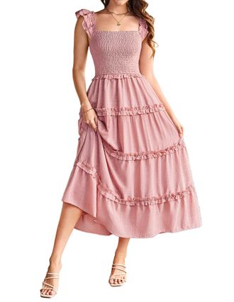 Grace Karin Women Summer Strappy Dresses Casual Square Neck A Line Smocked Wedding Guest Dress Holiday Beach CLK028-4/Gray Pink S