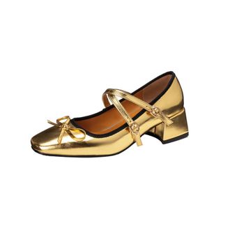 Generic Womens Square Toe PU Leather Mary Janes Low Block Heel Dress Pumps Cross Strap Party Prom Shoes with Buckle,Gold,2.5 UK