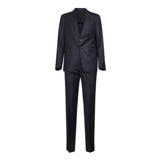 Tagliatore Single Breasted Suits, male, Blue, S, Pinstriped Virgin Wool Single-Breasted Suit