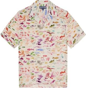 Vilebrequin Men Linen Bowling Shirt Pescador - VBQ x Fabrice Hyber in Paper at Nordstrom, Size Xx-Large