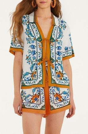 Farm Rio Flora Tile Print Linen Blend Cover-Up Top in Flora Tile Off-White at Nordstrom, Size X-Small
