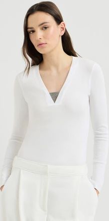 Brunello Cucinelli Stretch cotton ribbed jersey top with precious insert in White at Nordstrom, Size Xxx-Large