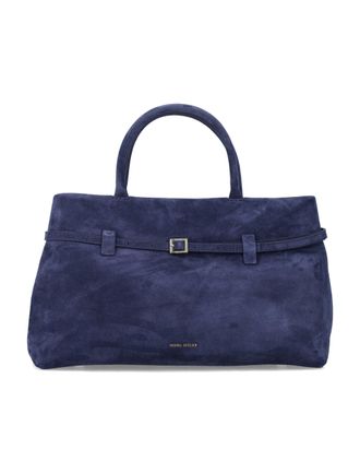 Manu Atelier Structured Blue Suede Handbag With Elegant Design And Functional Features