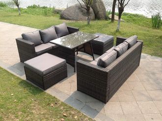Fimous 8 Seater Lounge Rattan Sofa Dining Table Footstool Outdoor Garden Furniture in Dark Grey