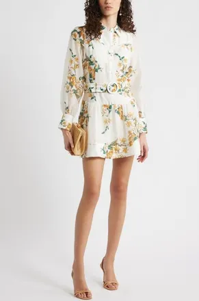 Chelsea28 Lace Trim Belted Long Sleeve Mini Shirtdress in Ivory- Brown Jessica Floral at Nordstrom, Size X-Small