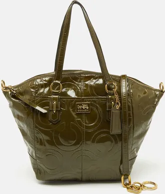 Coach Olive Green Op Art Embossed Patent Leather Madison Satchel