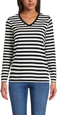Lands End Supima Cotton Long Sleeve V-Neck T-Shirt in Black Even Stripe at Nordstrom, Size X-Large