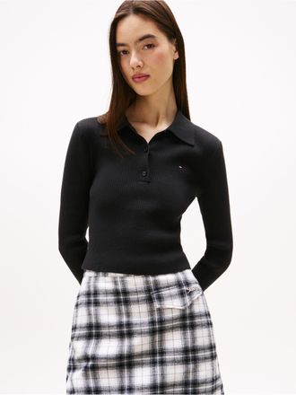 Tommy Jeans Polokragenpullover TOMMY JEANS TJW ESSENTIAL POLO LS SWEATER, Damen, Gr. XL (42), schwarz, Strick, Obermaterial: 80% Baumwolle, 20% Polyamid, unifarbe